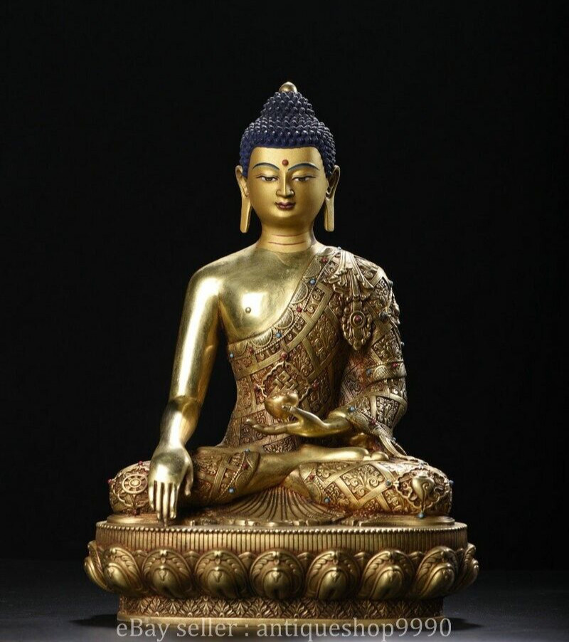 13.2" Tibet Buddhism Bronze Gilt Inlay Gem Shakyamuni Amitabha Buddha Sculpture