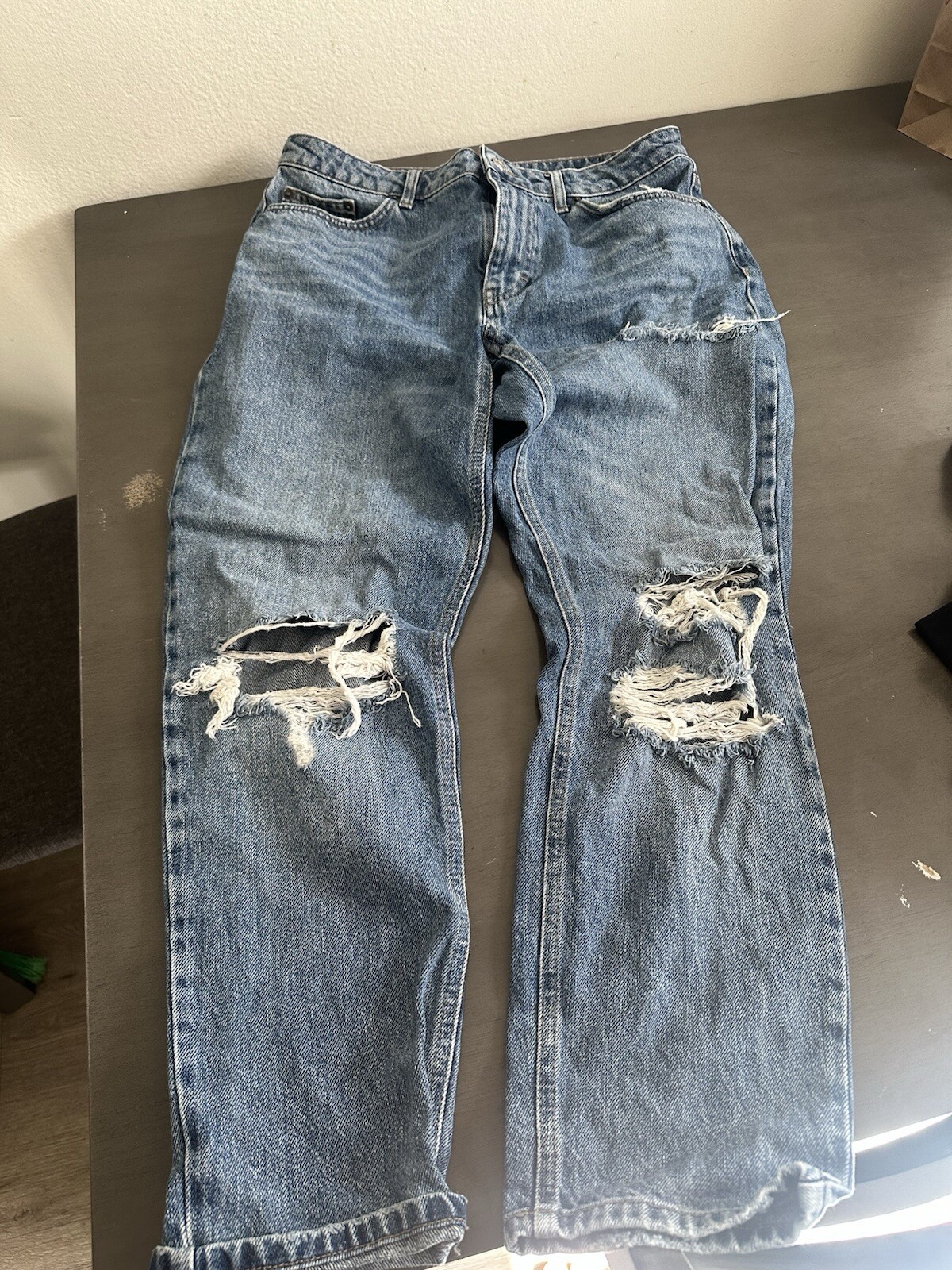 Topshop Mom Jeans Light Wash Distressed  Hem Size 32/30-image