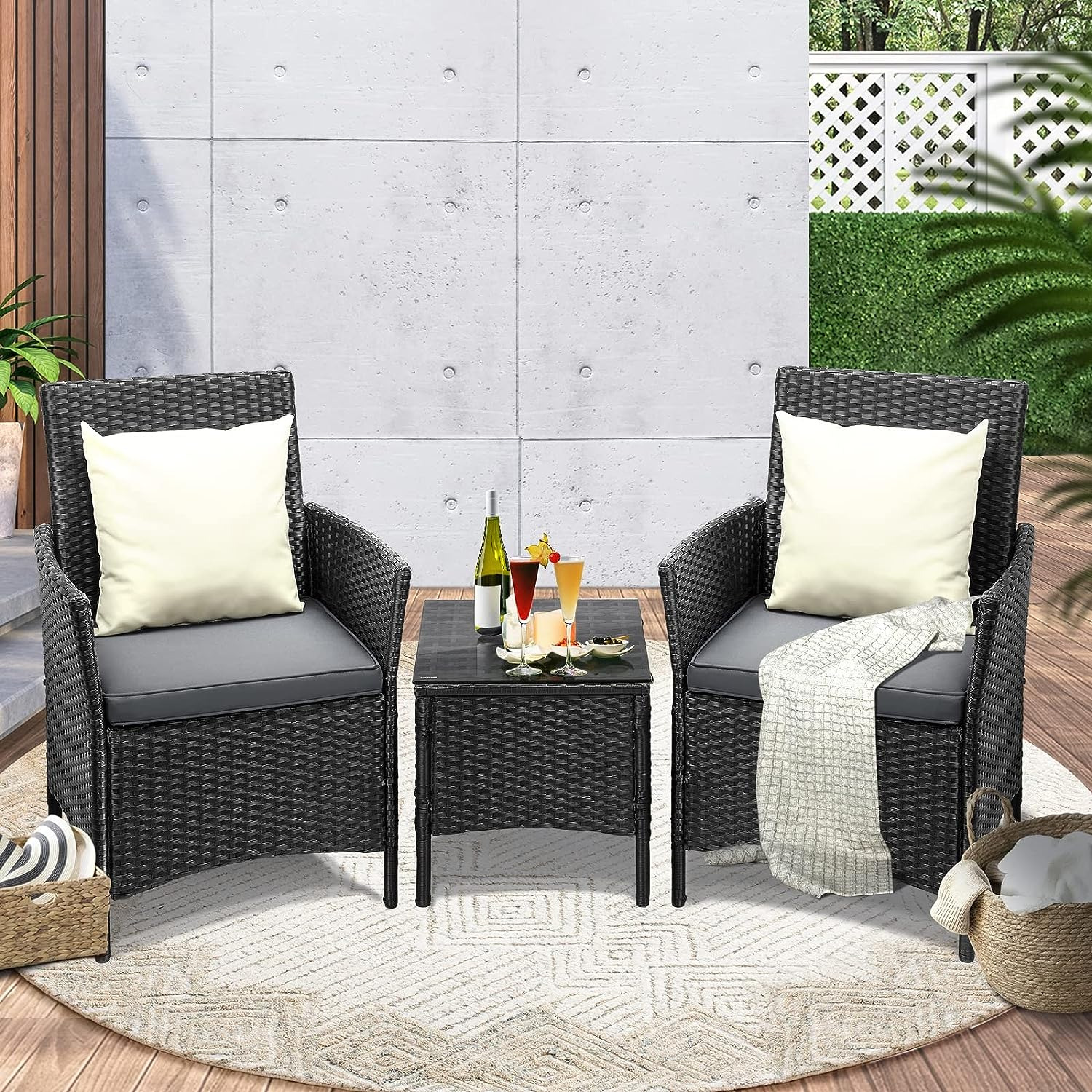 Livsip Garden Setting Outdoor Furniture Chairs and Table with Pollow 3Pcs Black