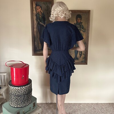 Vintage 80s Polka Dot Peplum Dress Flutter Sleeves Wiggle