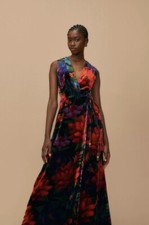 Farm Rio Flower Season Wrap Maxi Dress Size M Crushed Velvet Red Black Floral