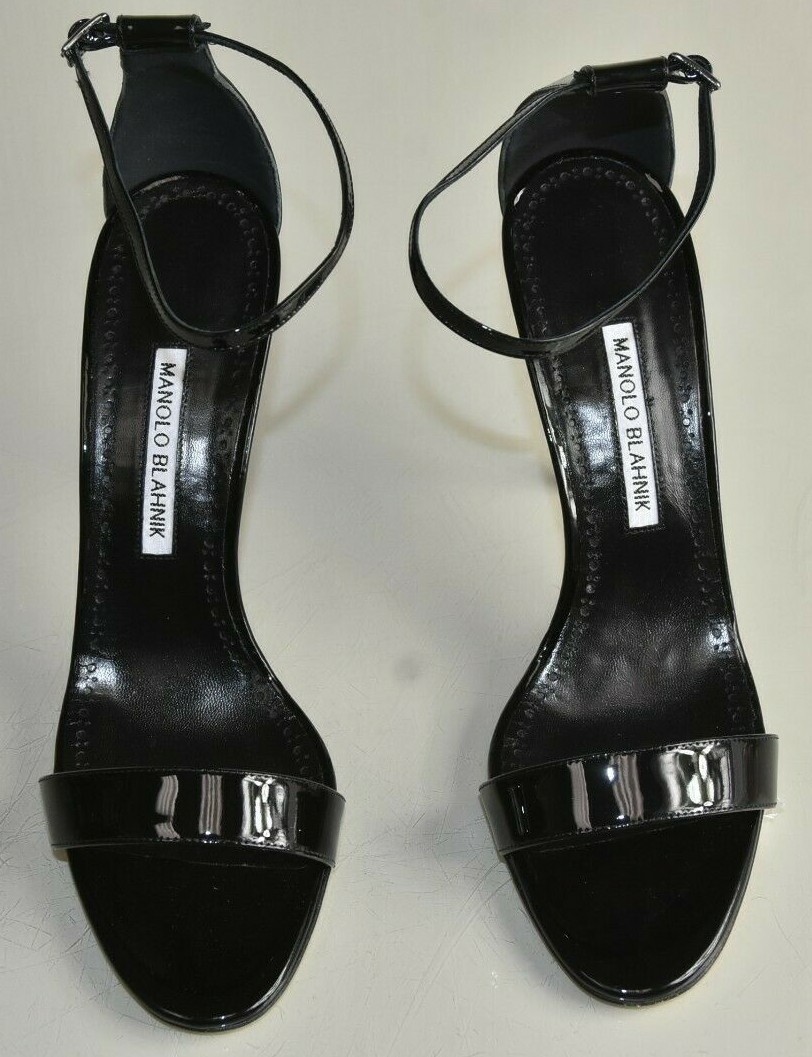 $865 NEW Manolo Blahnik CHAOS Patent Leather Black Sandals