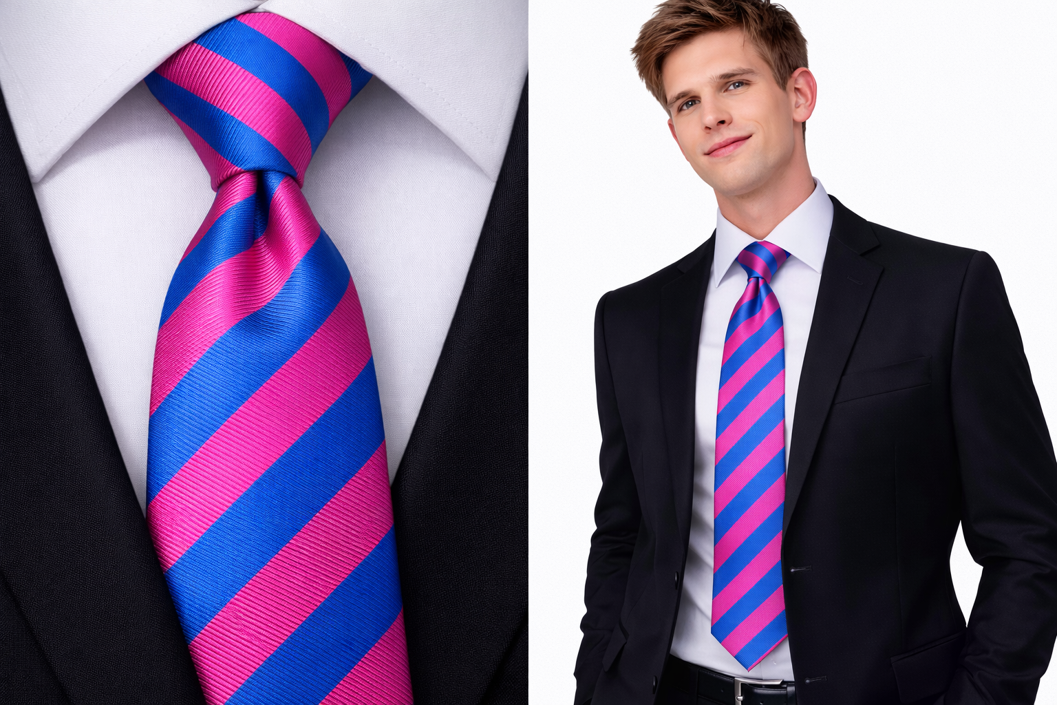 Twill Men's Tie Blue & Magenta Satin Striped Formal Silk Pink Stripe Ties UK