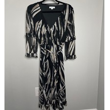 Chelsea Taylor Faux Wrap Black with Brown Midi Dress Size Small