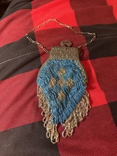Antique Victorian Beaded Purse Blue Glass Beads Floral Metal Frame Bag
