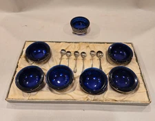 Antique Salt Cellar with spoons, cobalt blue set of 6, plus one more