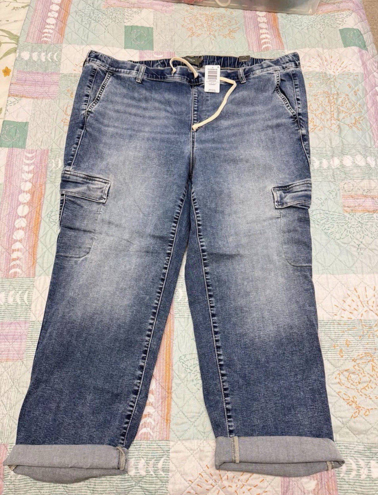 Torrid Women's Denim Relaxed Fit Cargo Jeans, Drawstring, Cuffed Hem, Pockets
