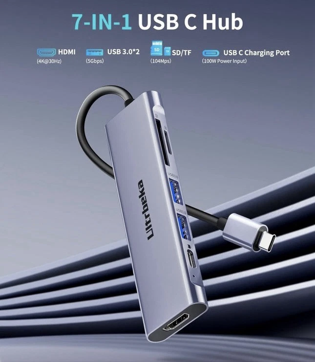 USB C Hub, 7in1 USBC Hub, 4K HDMI Multiport Adapter, TF/SD Card Reader, 2×Powere - Image 2 of 4