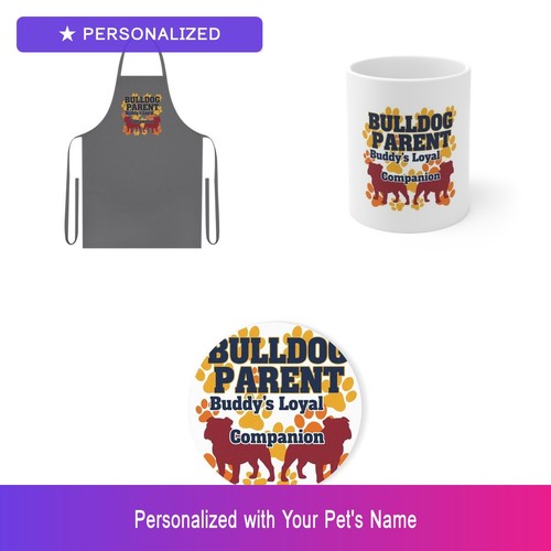 Set Regalo Bulldog Personalizzato Grembiule Tazza Sottobicchiere Personalizzato Nome Animale Regalo Pasqua - Foto 1 di 12