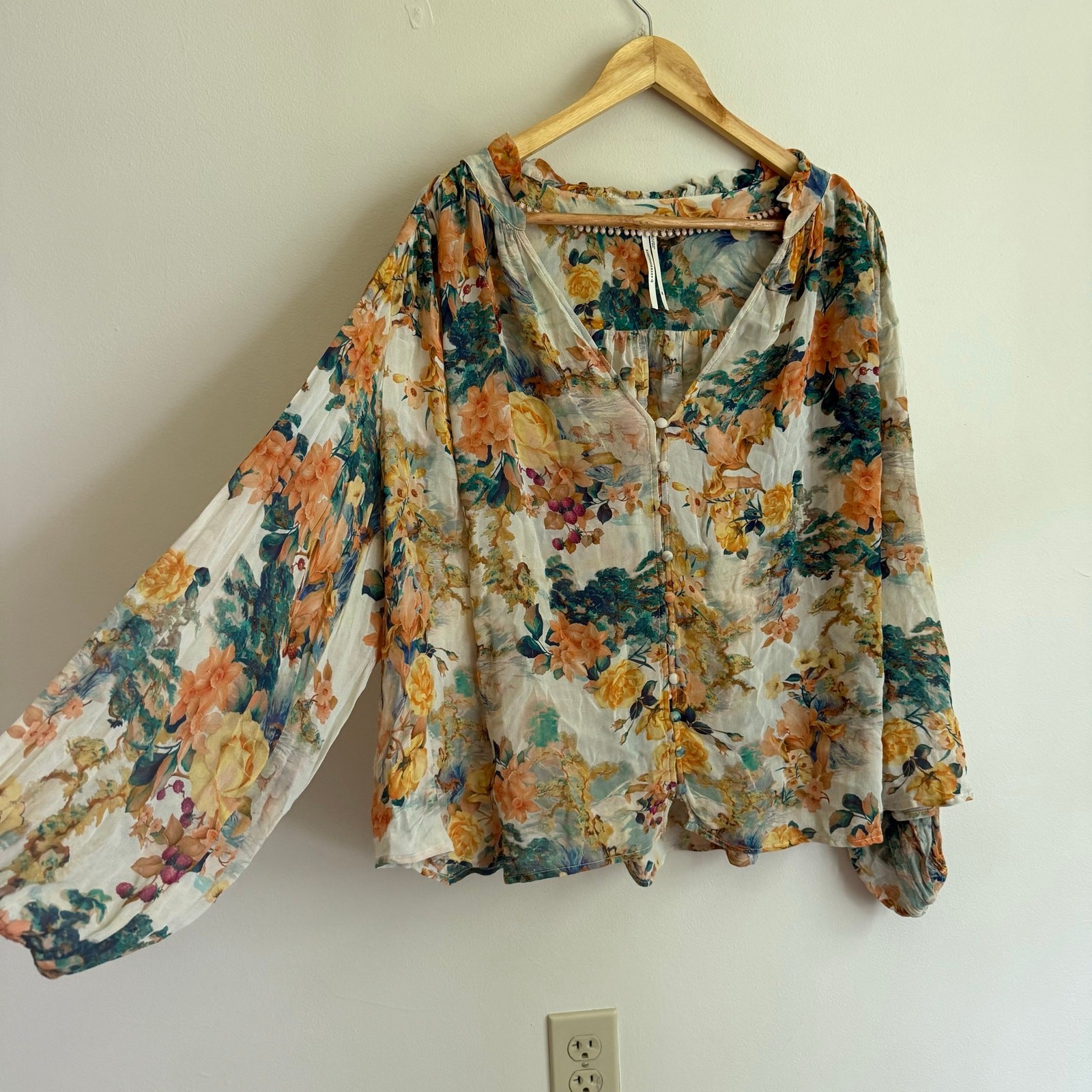 Anthropologie Estela Long Sleeve Sheer Floral Multicolored Blouse Size 2X