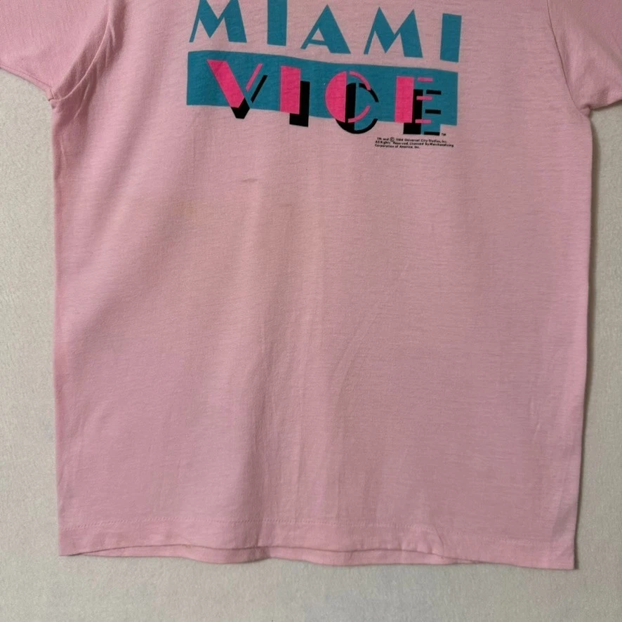VTG 80s Miami Vice Tee Shirt L Pink TV Show Graphic 1984 Universal Screen Stars - Image 4 of 4