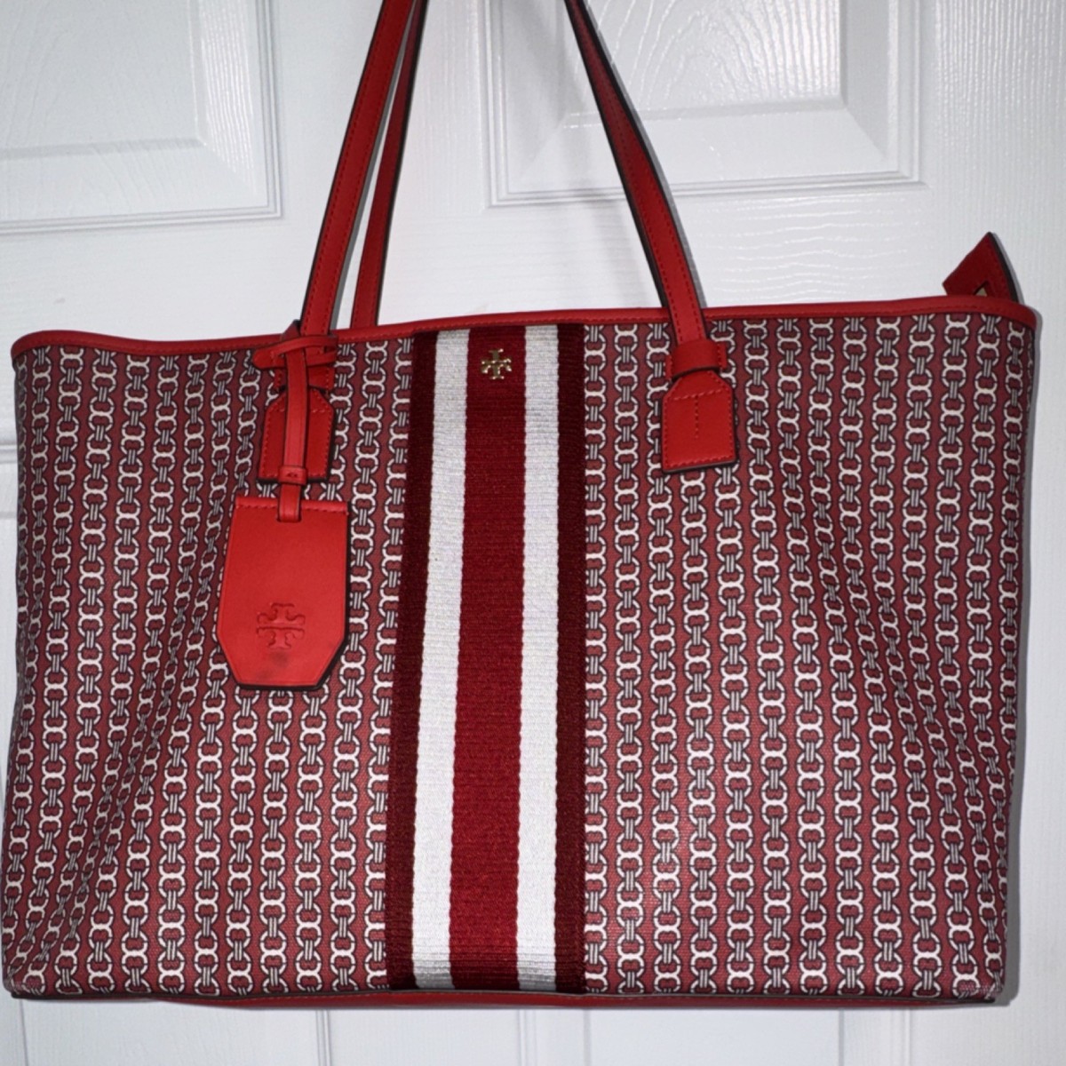 Tory Burch Red/White Striped Tote, Logo Accent, Luggage Tag, Zip 