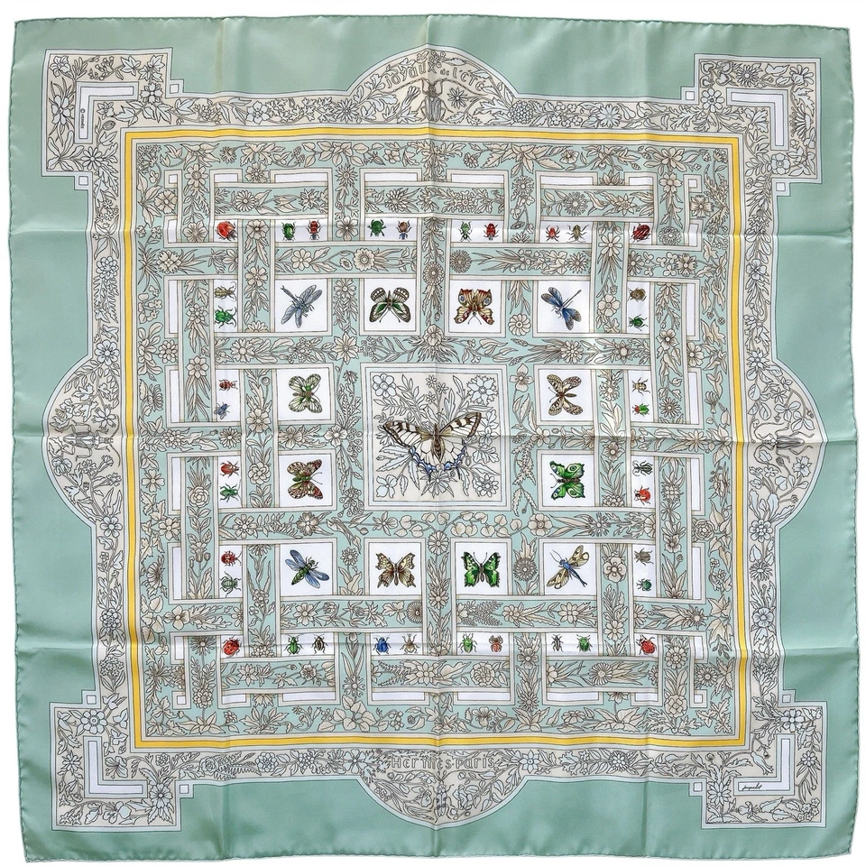 Bufanda de seda de colección HERMES Carre 90 "Joyaux de L'ete" de A. de Jacquelot verde usada Foto 2 de 4