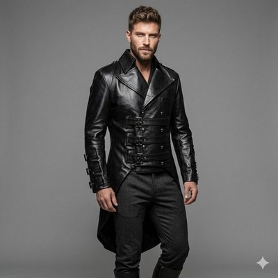Black Tail Coat Men's Handmade Lambskin Leather Genuine Designer Trench Coat Fit
