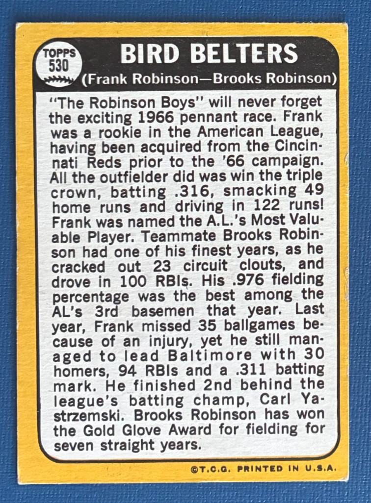 1968 Topps #530 Bird Belters Frank and Brooks Robinson Baltimore Orioles - EX++ thumbnail 2