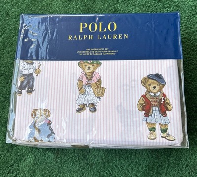 Polo RL Female Polo Bear Queen Sheet Set Pink Oxford Stripe 4 Piece New Version