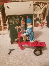 Lemezarugyar ROLI ZOLI; NIB; 1980  VTG; wind-up tin toy clown on scooter w/box