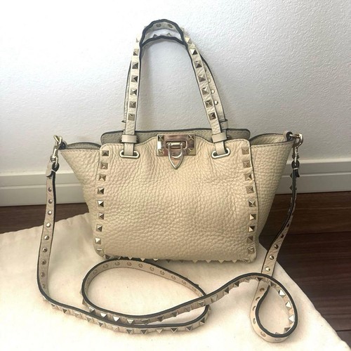 Valentino Hand Shoulder Bag Tote Purse Rockstuds Leather Off White Authentic