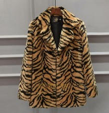 Women's Winter Faux Tiger Pattern Warm ry Jacket Outwear Lapel Parka Coat
