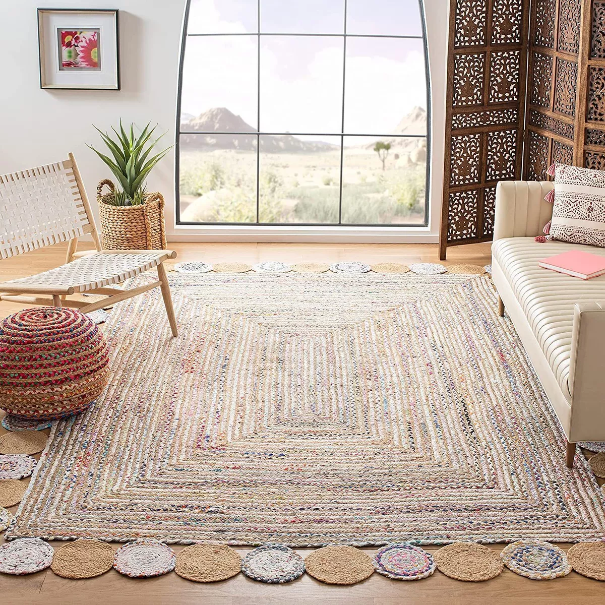 Jute and cotton multicolor oval shape carpet for living room