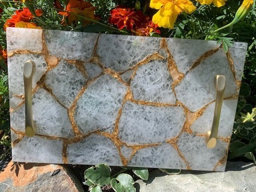 White Agate Stone Serving Tray with Brass Handles, Charcuterie Board, Solid - Picture 6 of 7