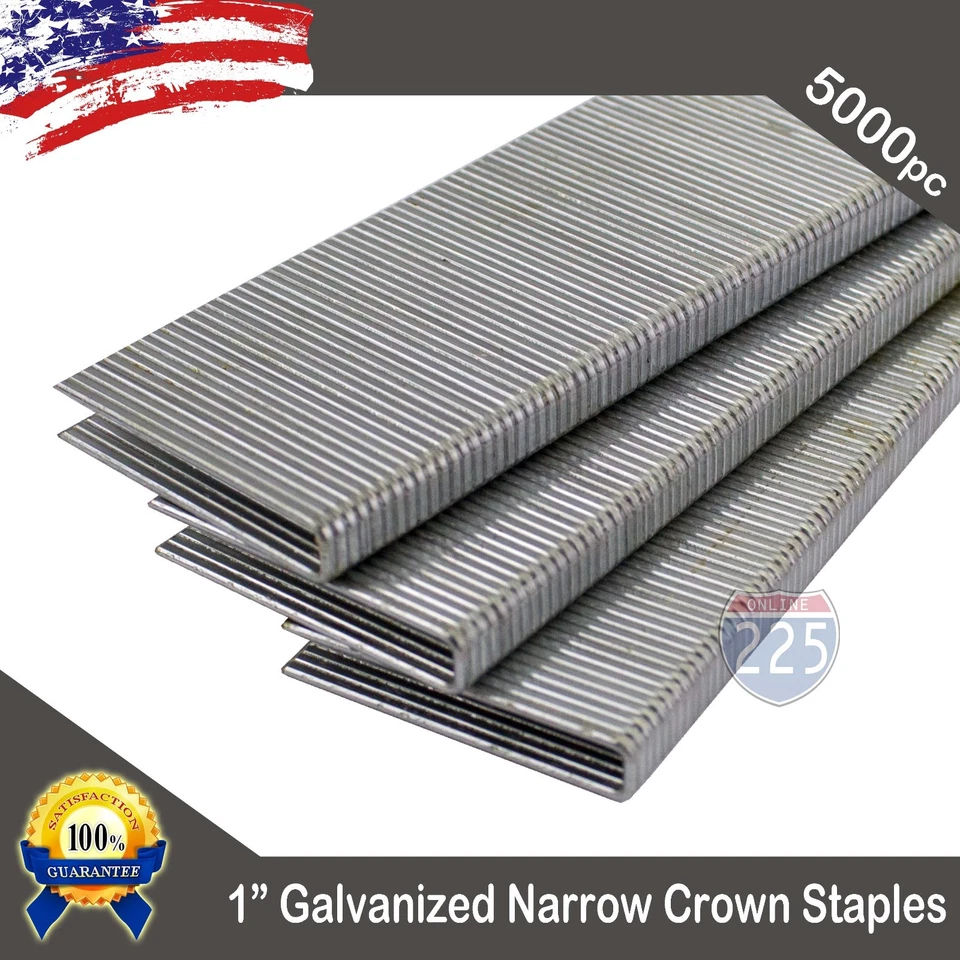 225FWY 1" IN Long 18 Gauge 1/4 Inch Industrial Narrow Crown Galvanized Staple 5000 Box