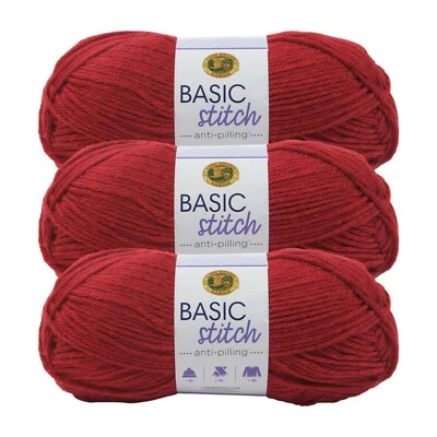(3 Pack) Lion Brand Yarn 202-400G Basic Stitch Anti Pilling Yarn, Red Heather
