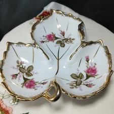 Vintage Maple Leaf Candy Dish/Trinket Dish Pink Roses Porcelain Gold Gilded