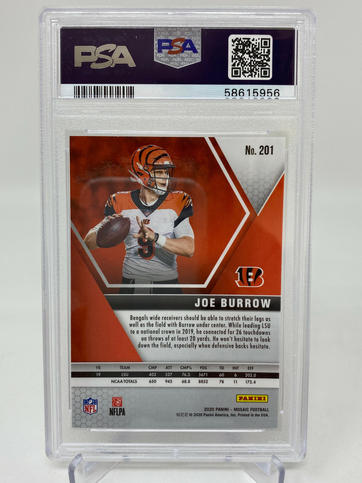 2020 Panini Mosaic #201 Joe Burrow Rookie Card - PSA 8 view 3
