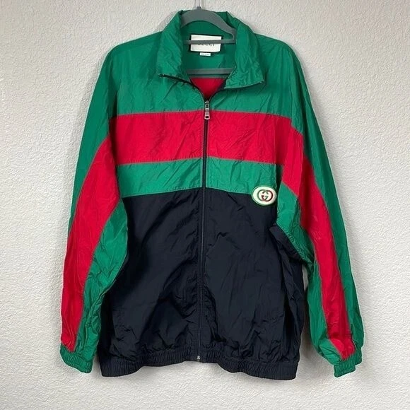 Giacca da pista in nylon oversize Gucci idrorepellente nero verde rosso da uomo taglia M