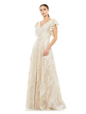 MAC DUGGAL 20310 Ivory Nude Embroidered Rhinestone Flutter Sleeve Maxi Gown 10