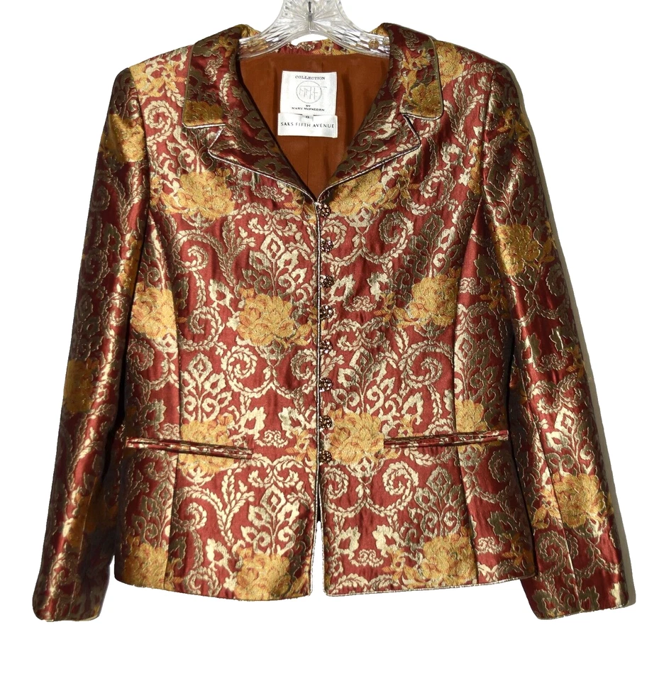 Vtg Mary McFadden Saks Fifth Avenue Gold Brocade Burnt Orange Skirt Suit Size 8 - Image 2 of 4