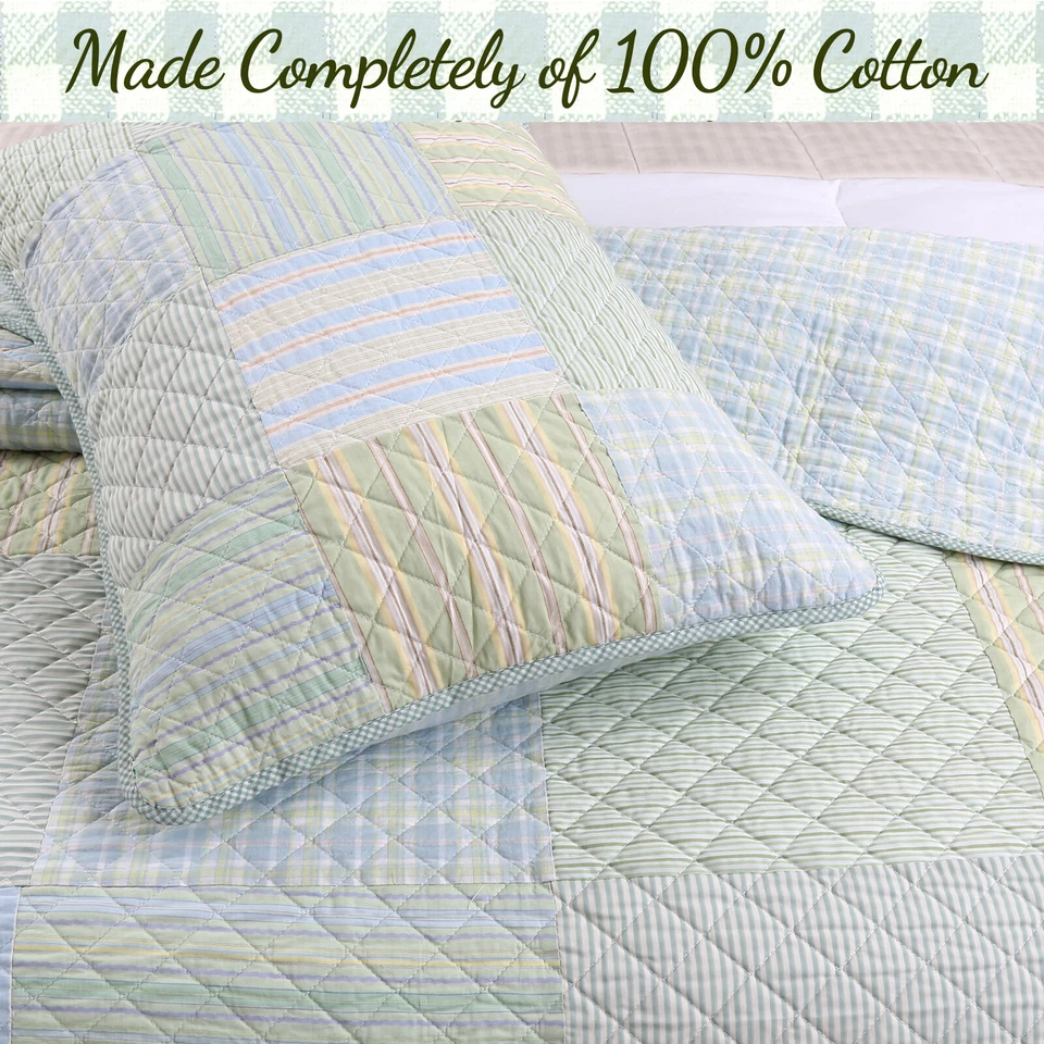 Квадратный пэчворк клетчатые полоски синий зеленый хлопок двустороннее лоскутное одеяло комплект постельного белья - Изображение 2 из 4