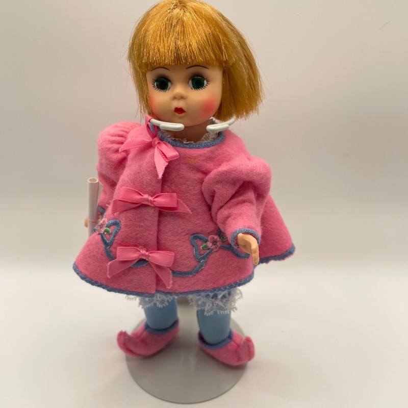 Vintage 1999 Madame Alexander Herald Pink Munchkin Doll with Flower Hat & Stand