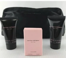 Narciso Rodriguez 4pz Mini Set Parfum Splash 0.25 oz Lotion Shower Gel 1.0 Pouch