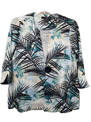Ali Miles Tropical Leaf Print Crinkle Textured  One-Button Jacket Size Medium