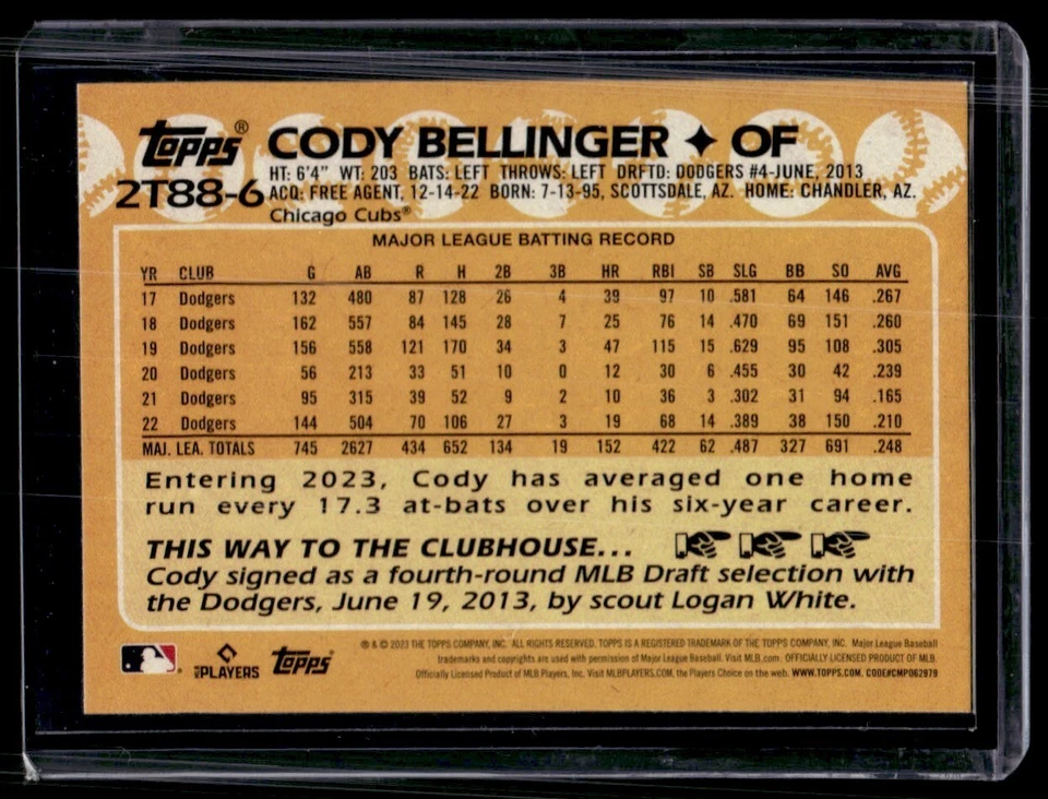 2023 Topps 1988 Baseball Cody Bellinger Chicago Cubs #2T88-6 - Image 2 of 2