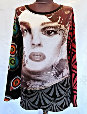 AUTHENTIC DESIGUAL LOGO POP ART BLACK RED BLUE WOMENS BLOUSE SIZE US M 38
