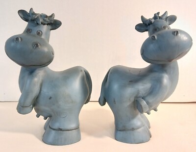 2 Happy Dairy Cow Bookends 8'' Blue resin figurines Book Shelf Decor