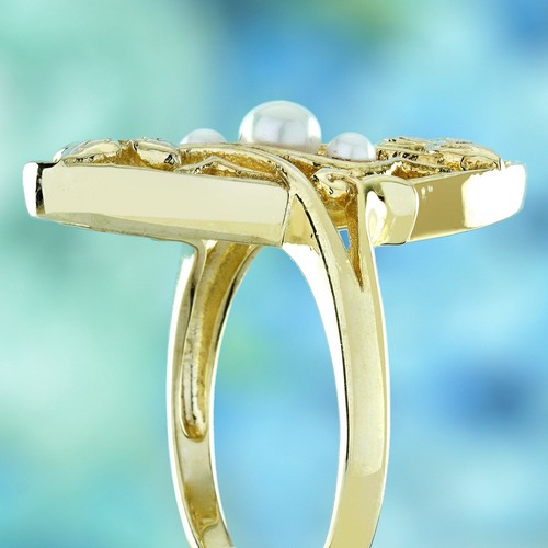 9K Yellow Gold Natural Triple Pearl Vintage Style Cocktail Ring - Picture 6 of 8