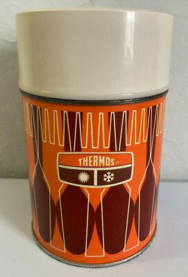 Retro 10 oz Orange Atomic Print Aladdin Stanley Thermos MCM Hot Soup Food Warmer