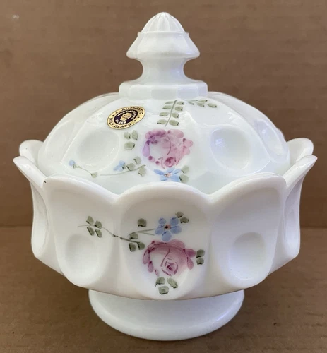 Vintage WESTMORELAND Milk Glass Hand painted HP ROSES Covered Footed Candy Dish