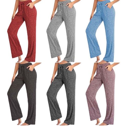 Womens Loose Yoga Pants Ladies Soft Lounge Wide Leg Drawstring Trousers Casual ^