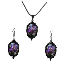 Gothic Rose Glass Necklace Earrings Set for Women Fashion Vintage Purple Rose