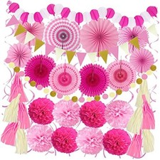 Party Decorations, 41 Pcs Papar Fans Pompoms Garlands String Tissue Paper Pink