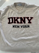 DKNY Jeans Women's Varsity Logo Crewneck Sweater Size L Light Beige New York