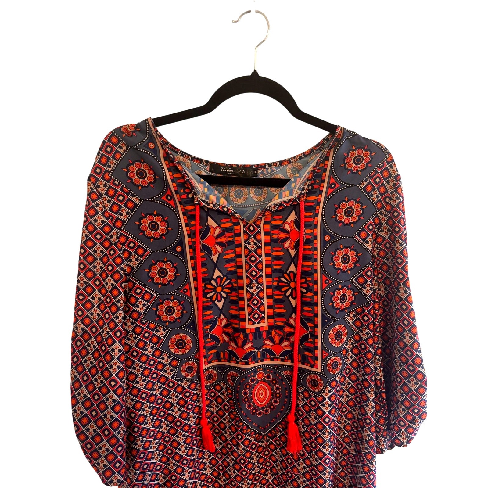 Urban Coco Boho Tunic Dress Red Orange Geometric Print Tassels Womens Size M image 3
