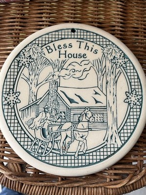 Trivet & Bread/Bun Warmer BLESS THIS HOUSE Design Seneca Ceramics 2005 Hand Made