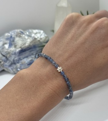 Perlenarmband aus natürlichem Kyanit und Sterling Silber 925 Blume, Geschenkbox