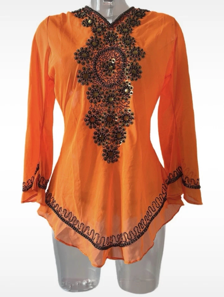 Haut tunique femme orange col V manches longues broderie perlée L - Photo 2/2